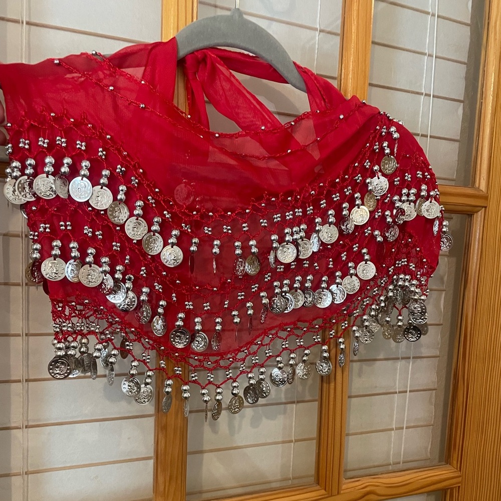 Red Belly Dance Hip Scarf with Silver Coins
